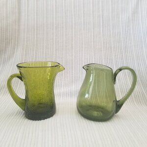Two Small Green Glass Pitchers Blown Crackle 3.75” Vintage Creamer